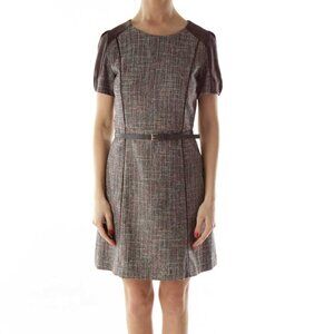 RYAN NEW YORK Brown Tweed Swede Belted Work Dress